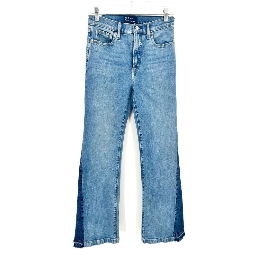 GAP Women's High Rise 70's Flare Two Tone Raw Hem Blue Denim Jeans Size 4 / 27